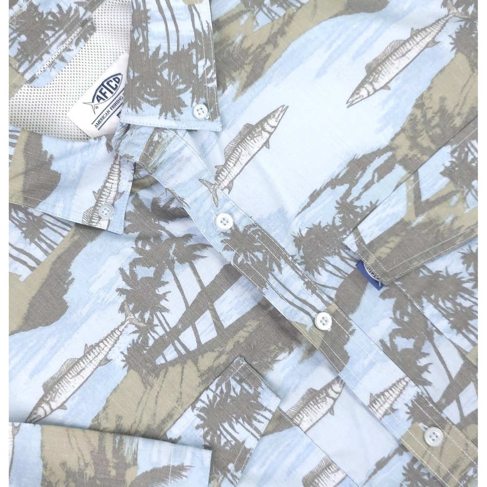 AFTCO Light Blue and Olive Tropical Fish Print Button-Down Shirt